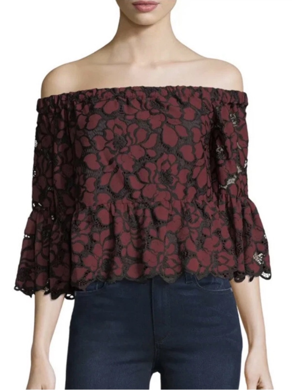 Likely Embroidered Lace Off The Shoulder Top Dark Red & Black M